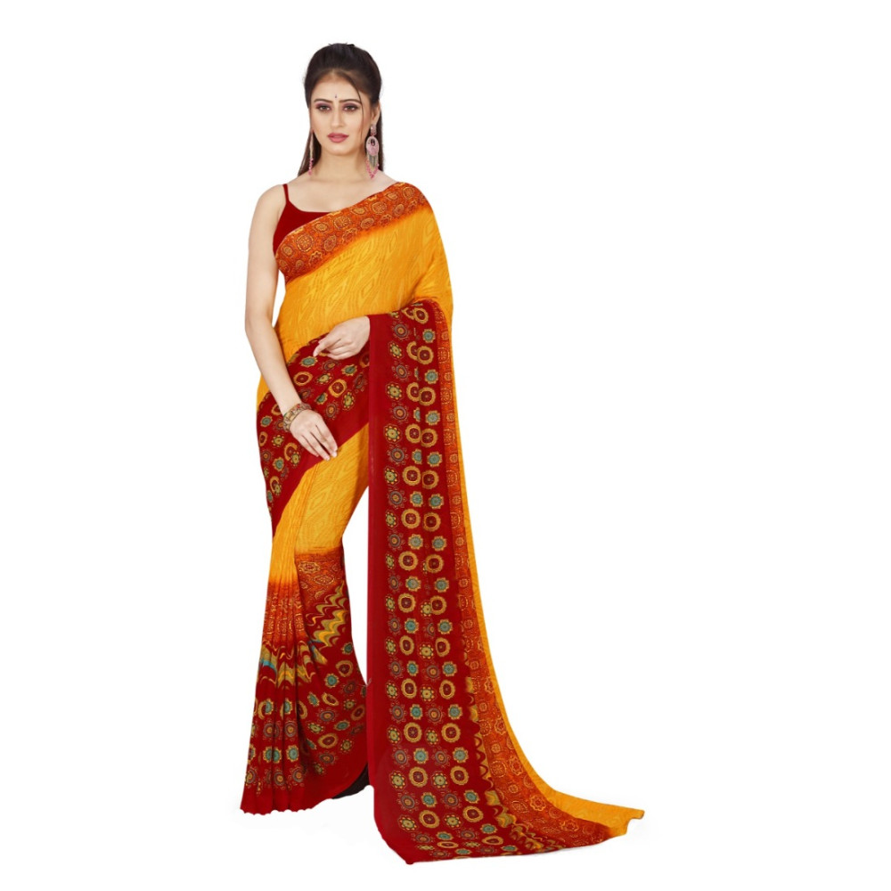 Dropship Women's Poly Georgette Printed Saree Without Blouse (Yellow, Maroon)