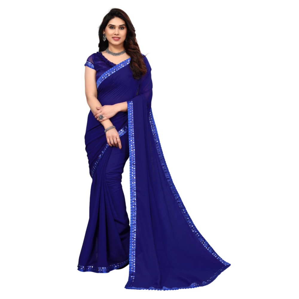 Dropship Women's Embellished Dyed Printed Bollywood Georgette Saree With Blouse (Blue)