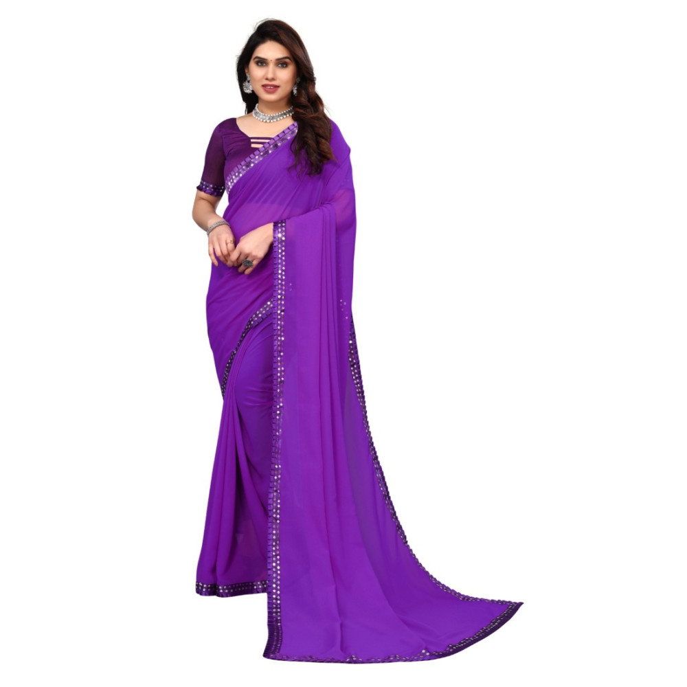 Dropship Women's Embellished Dyed Printed Bollywood Georgette Saree With Blouse (Purple)