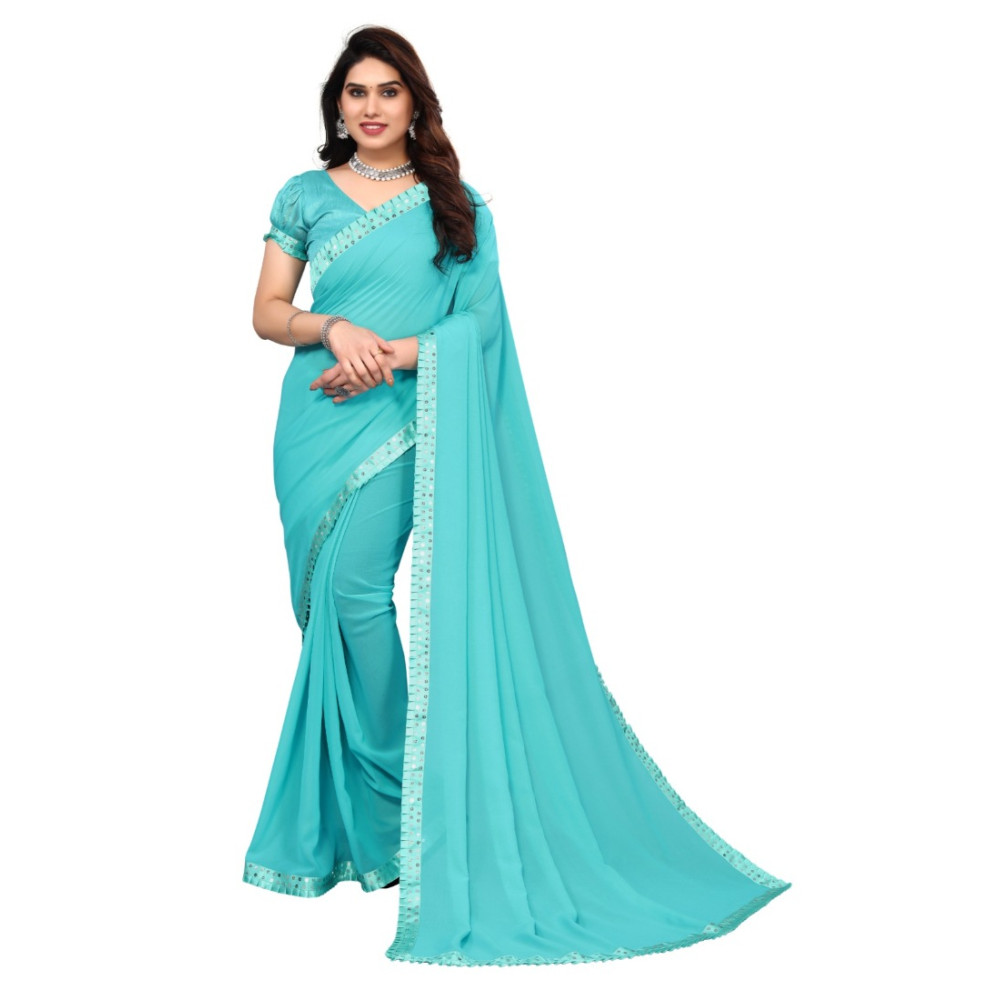 Dropship Women's Embellished Dyed Printed Bollywood Georgette Saree With Blouse (Sky Blue)