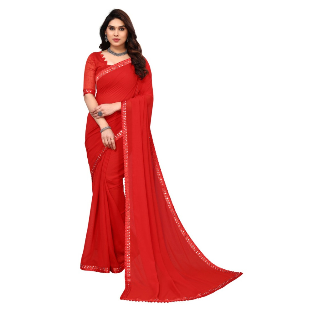 Dropship Women's Embellished Dyed Printed Bollywood Georgette Saree With Blouse (Red)