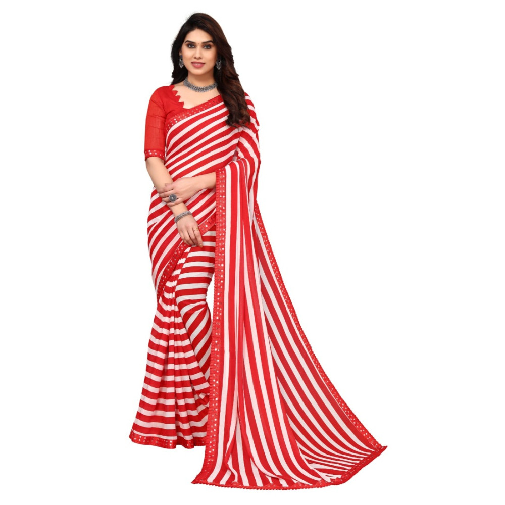 Dropship Women's Embellished Dyed Printed Bollywood Georgette Saree With Blouse (Red)