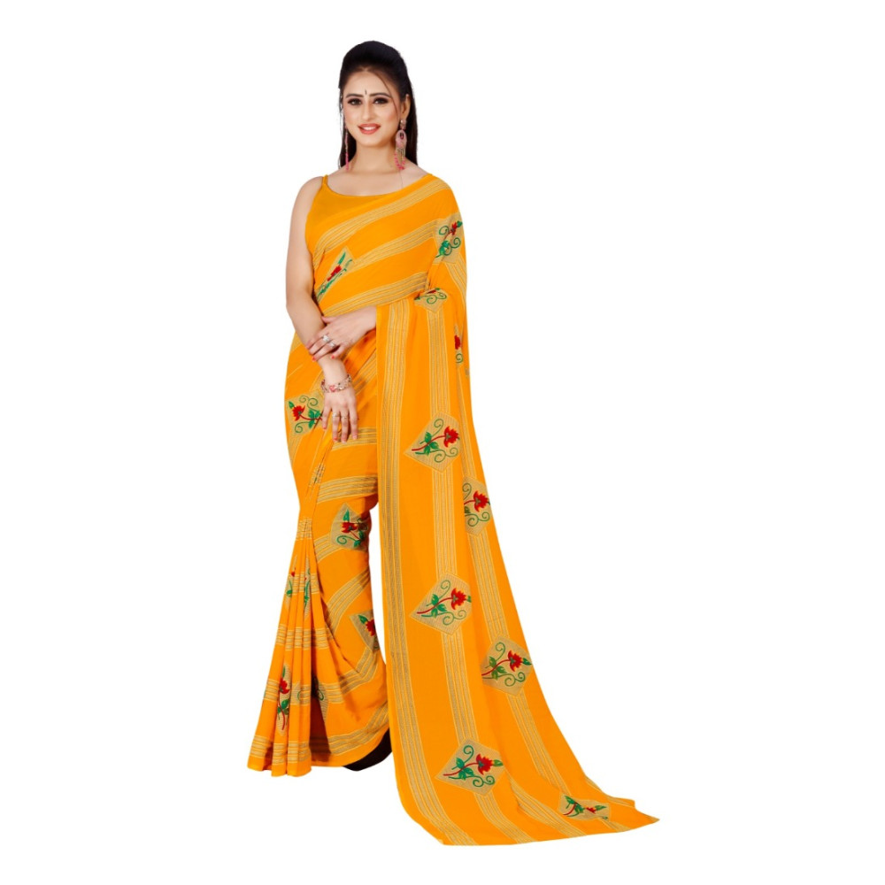 Dropship Women's Poly Georgette Printed Saree Without Blouse (Yellow)