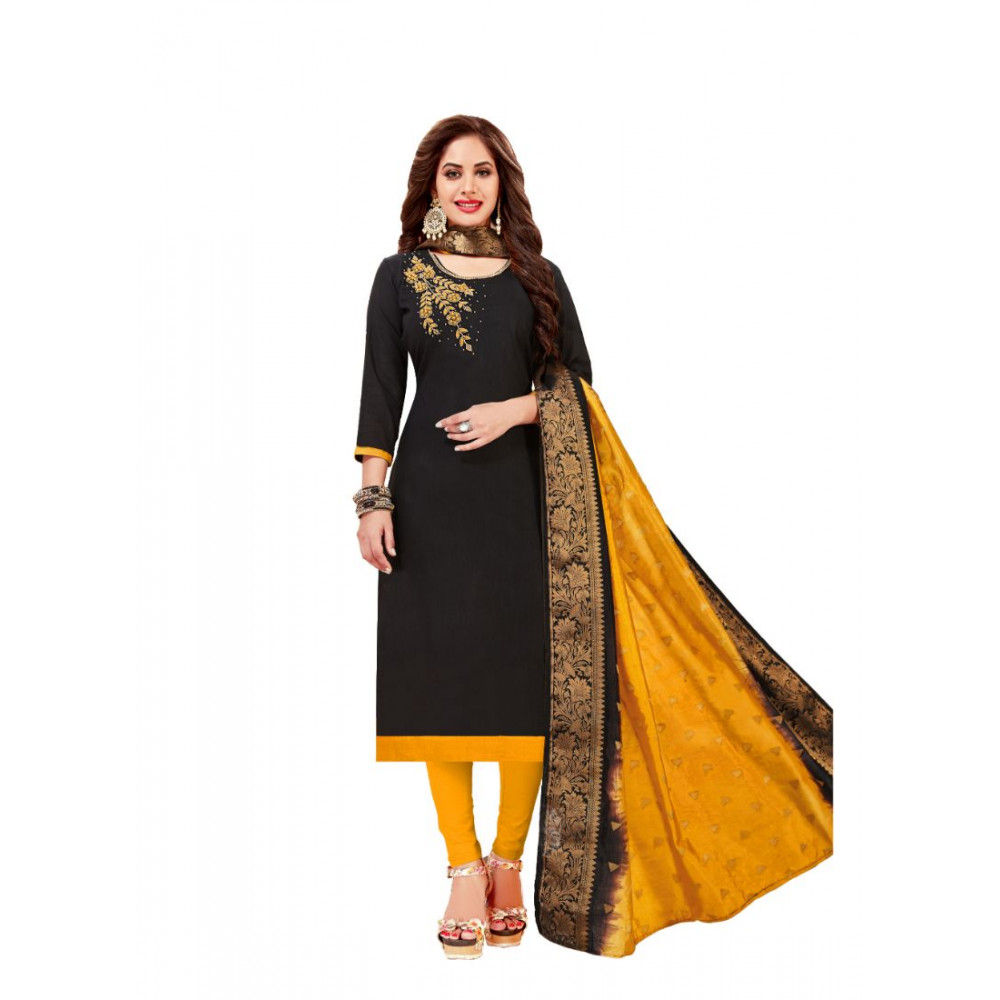 Dropship Women's Slub Cotton Unstitched Salwar-Suit Material With Dupatta (Black, 2-2.5mtrs)