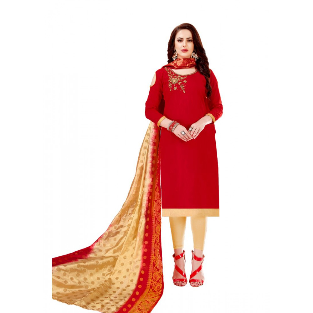 Dropship Women's Slub Cotton Unstitched Salwar-Suit Material With Dupatta (Red, 2-2.5mtrs)