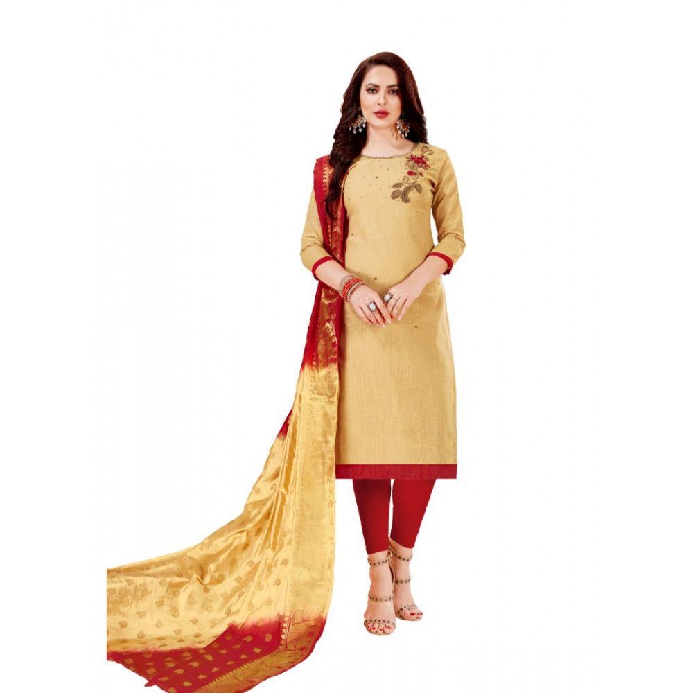 Dropship Women's Slub Cotton Unstitched Salwar-Suit Material With Dupatta (Sandel, 2-2.5mtrs)