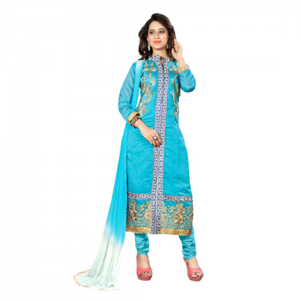 Dropship Chanderi Fabric Sky Blue Color Unstitched Salwar-Suit Material With Dupatta