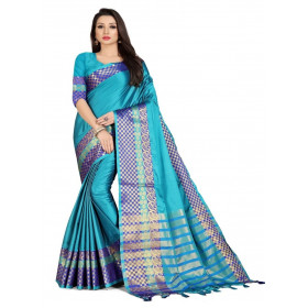 Dropship Women's Cotton Silk,Jacquard,Poly Silk Saree (Blue, 5-6 Mtrs)