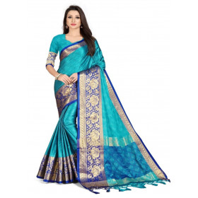 Dropship Women's Cotton Silk,Jacquard,Poly Silk Saree (Blue, 5-6 Mtrs)