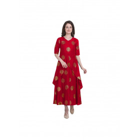Dropship Women's Kurtis With Heavy Rayon Foil Work Long (Color:Red,Sleeve:Lap Over sleeve)